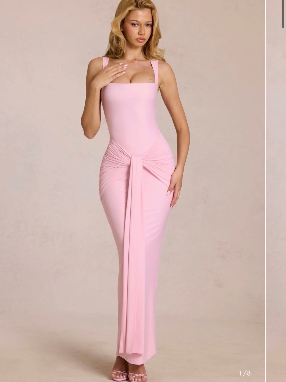 Oh Polly Nayeli Blush Pink Square-Neck Maxi Dress with Front Drape